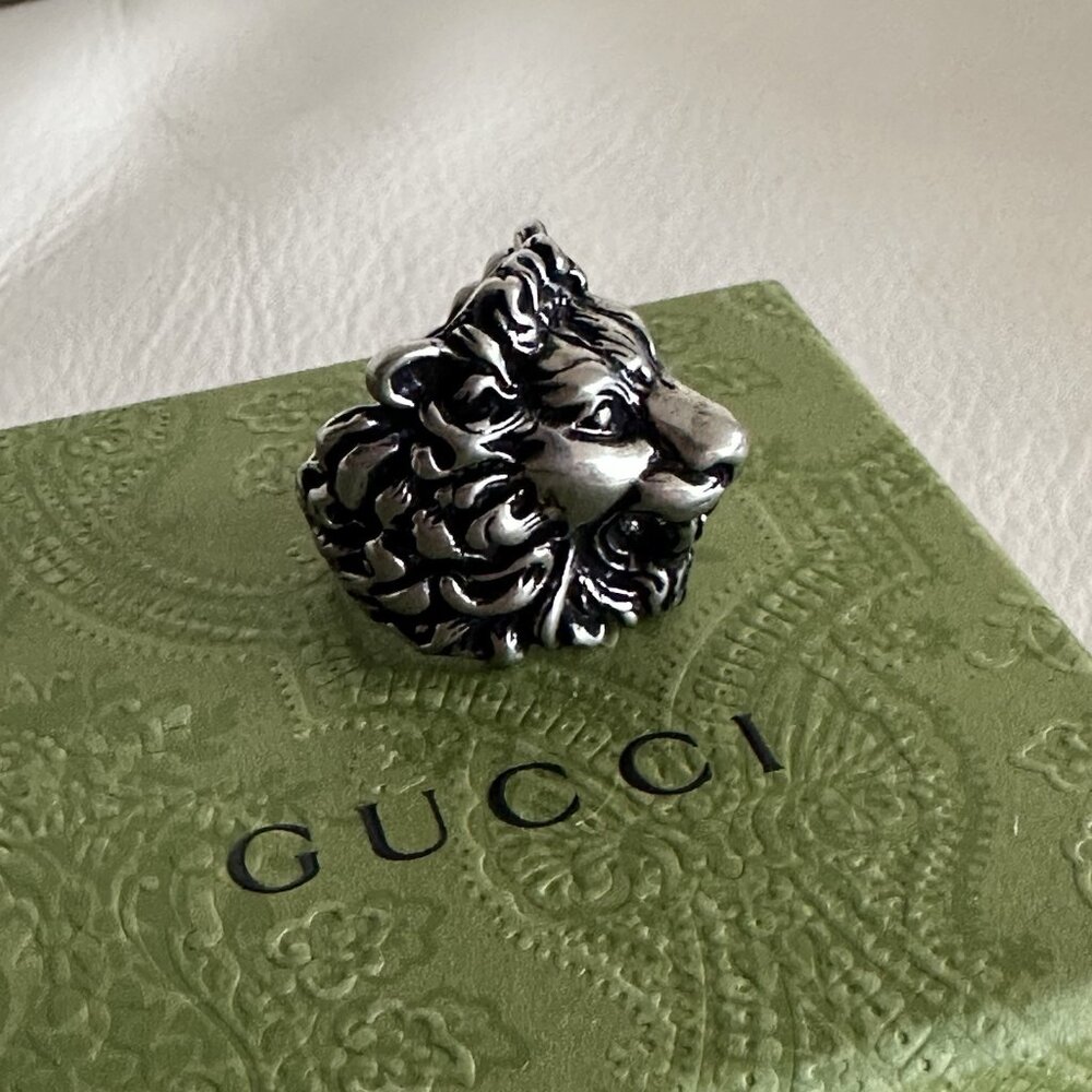 NEW GUCCI Ring Lion Silver Palladio Black Sz 23 IT 10.5 US 100% Authentic - Picture 3 of 7